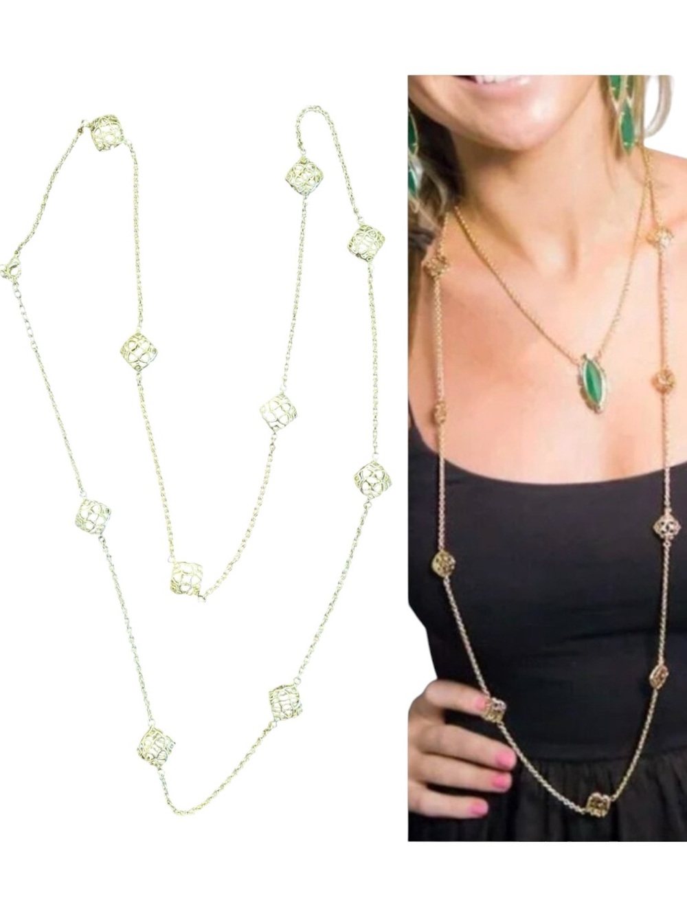 Kendra Scott Nemera Necklace Gold Tone Long 20” Drop Open Filigree Station